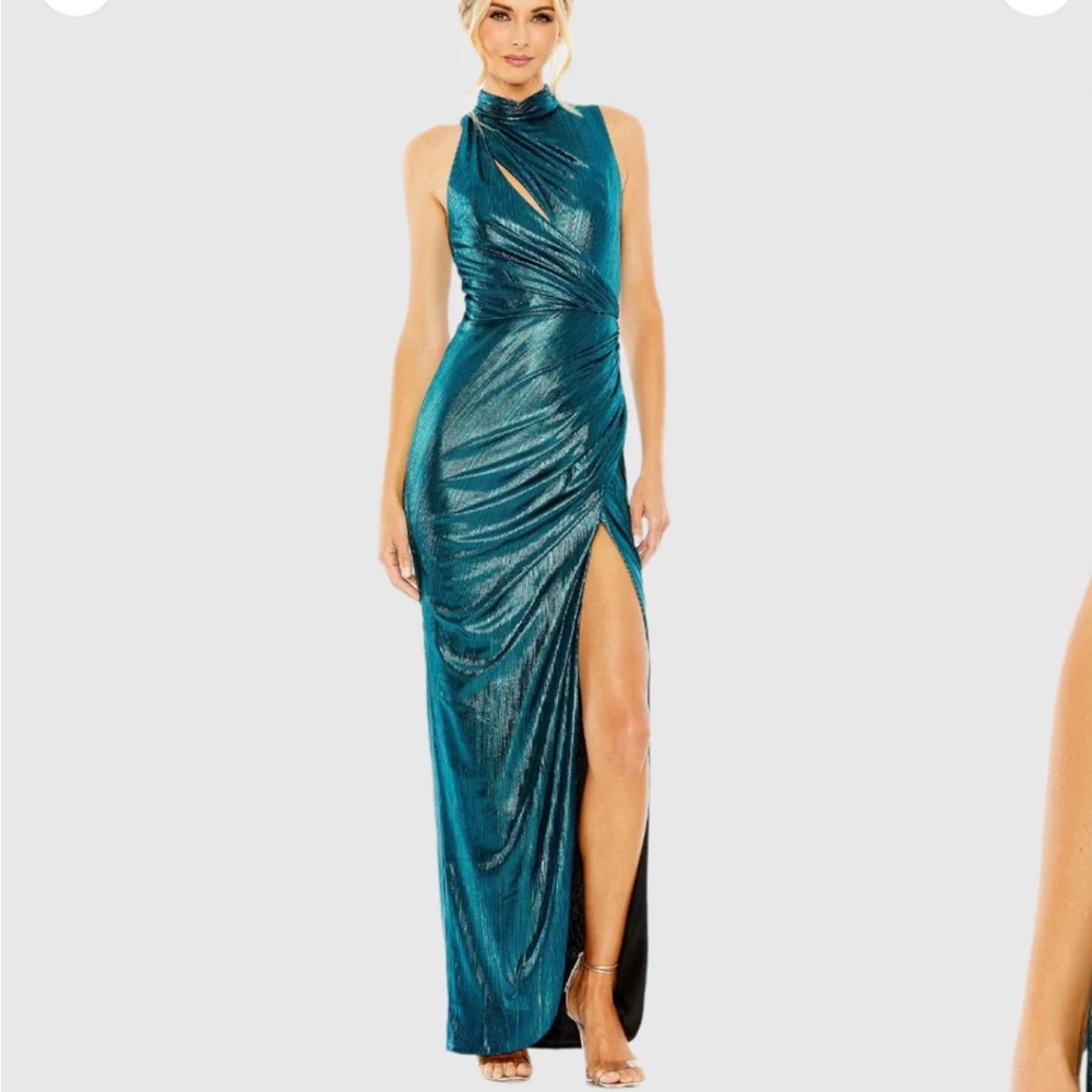 Mac Duggal Teal high neck sleeveless Evening Gown